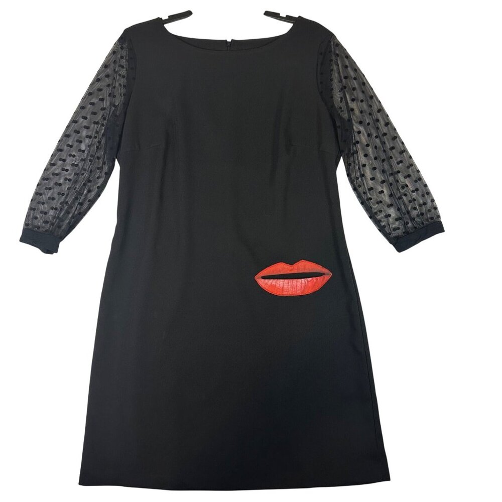 Desigual Black Dress Sheer Polka Dot Sleeves Red Lips Applique Pocket Quirky Med